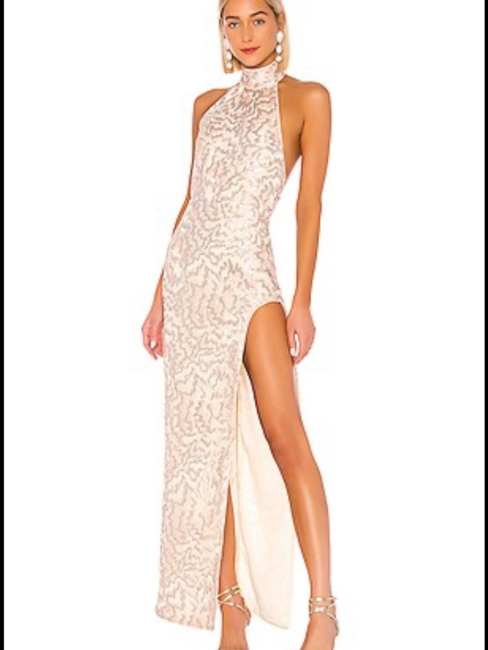 High-Neck Sequin High-Slit Evening Gown in Champagne Blush